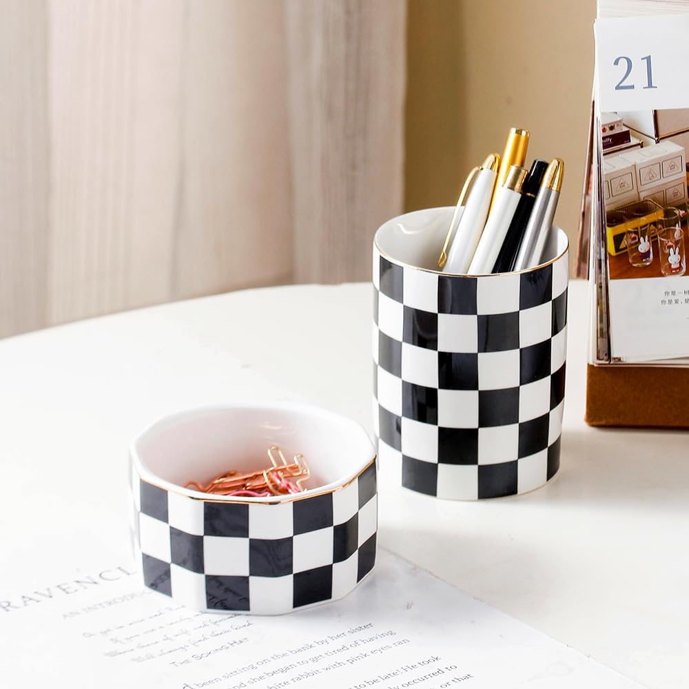 Aesthetic Desk Organizer Set of 2 For Office, Checkered Pen Holder and Paper Clip Holder Dispenser, Ceramic Cute Pencil Cup, Desktop Accessories, Office Decor, Ideal Gifts for Mom (Pink-White)
