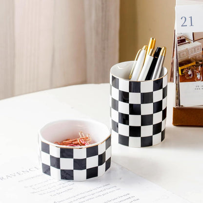 Aesthetic Desk Organizer Set of 2 For Office, Checkered Pen Holder and Paper Clip Holder Dispenser, Ceramic Cute Pencil Cup, Desktop Accessories, Office Decor, Ideal Gifts for Mom (Pink-White)