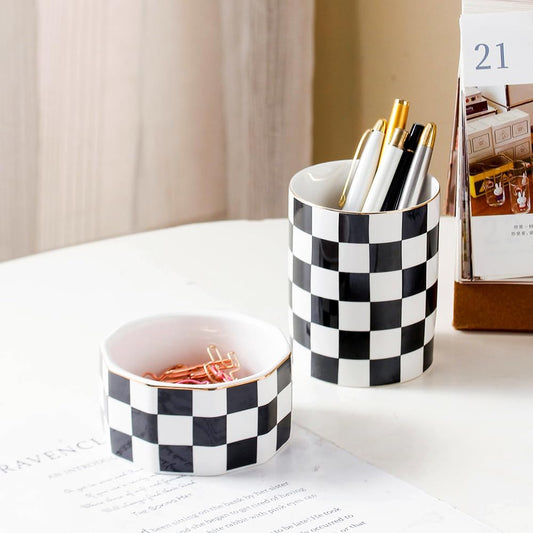 Aesthetic Desk Organizer Set of 2 For Office, Checkered Pen Holder and Paper Clip Holder Dispenser, Ceramic Cute Pencil Cup, Desktop Accessories, Office Decor, Ideal Gifts for Mom (Pink-White)
