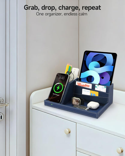 Fast Wireless Charging Station with Desk Organizer for iPhone 17/16/15/15 Pro/14/14 Pro Max/14 Pro/14 Plus/13/13 Pro Max/13 Pro/and iPhone 12/11 Series, Nightstand Desktop Organizer, Brown