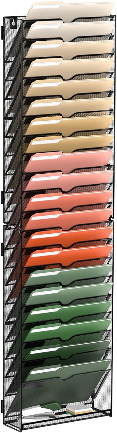 SUPEASY 5 Tier Wall File Organizer, Hanging Wall Mounted Mail Organizer with Label Slots, Metal Mesh File Holder Magazine Rack for Office, Home, School or Classroom, Black