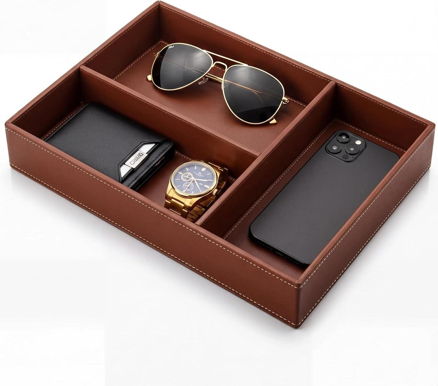 LemonRoad Leather Valet Tray for Men, Vegan Leather EDC Catch-All Organizer, Nightstand Entryway Bedside Storage Caddy for Keys, Wallets, Watches, Phones, Coins & Small Trinkets, Classic Brown