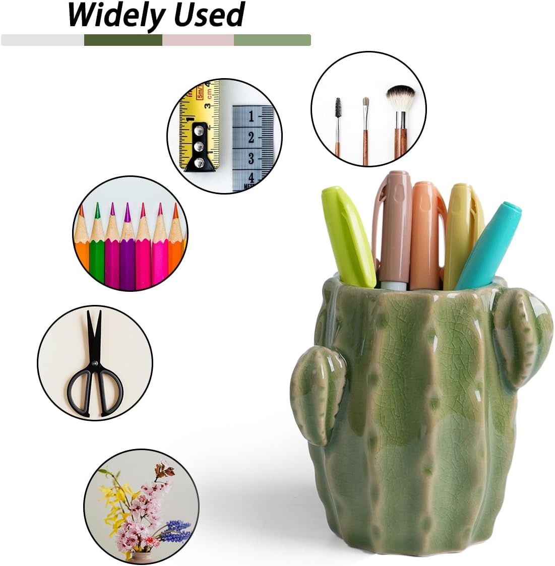 Ceramic Cactus Pen Holder, Cactus Decor Cute Pencil Holder, Makeup Brush Holder for Home, Office Desk Accessories(Dark Green)