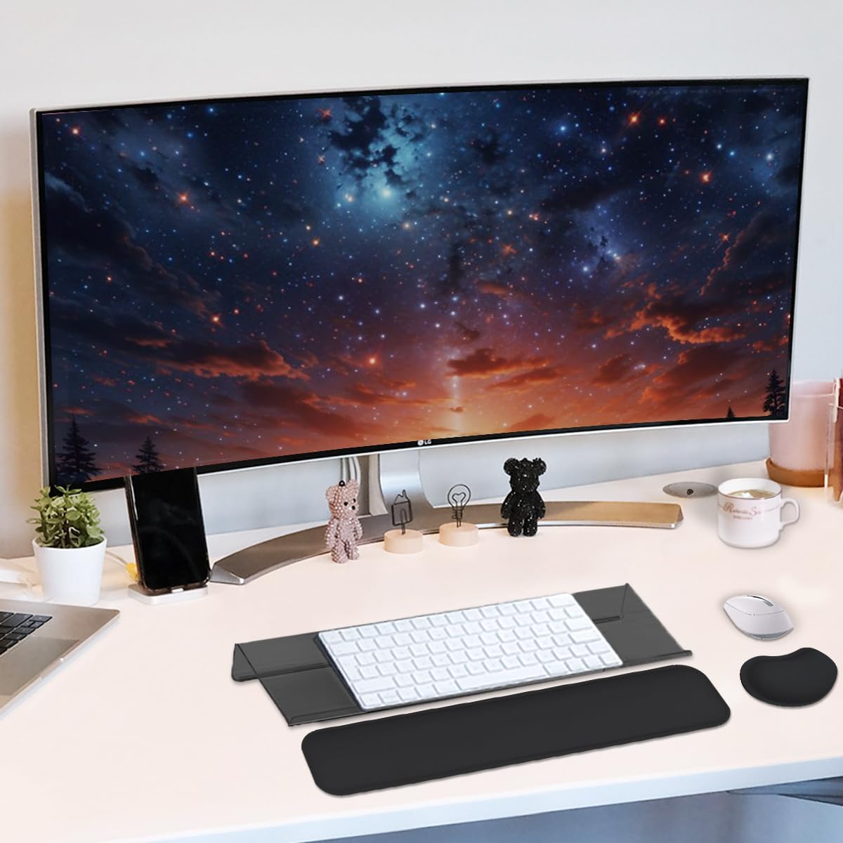 Computer Keyboard Wrist Rest Stand Set for Desktop, Keyboard Holder Easy Typing with Wrist Pad for Office, Home, School - Pink