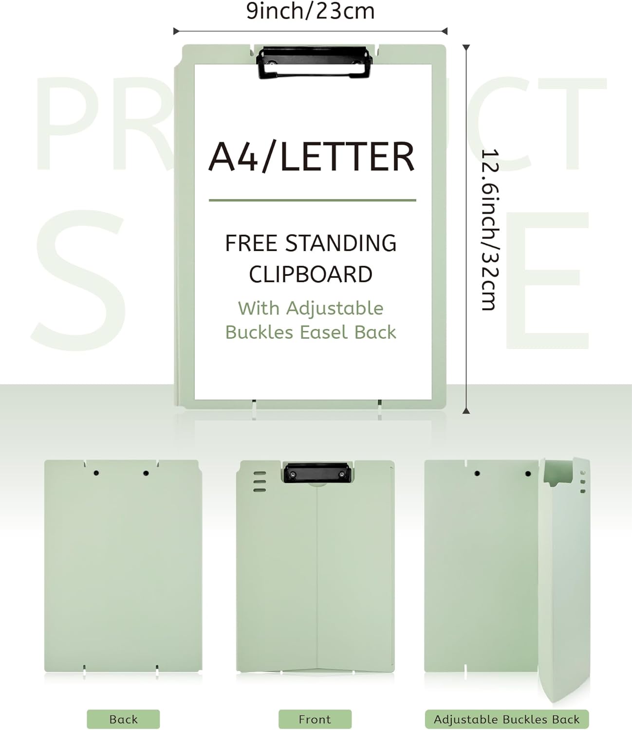Free Standing Clipboard and Desktop Stand with Adjustable Buckles Easel Back - Foldable Stand and Document Holder for School, Office and Business Use (9.37 x 12.6 inches) (Light Green)