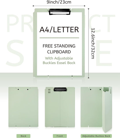Free Standing Clipboard and Desktop Stand with Adjustable Buckles Easel Back - Foldable Stand and Document Holder for School, Office and Business Use (9.37 x 12.6 inches) (Light Green)