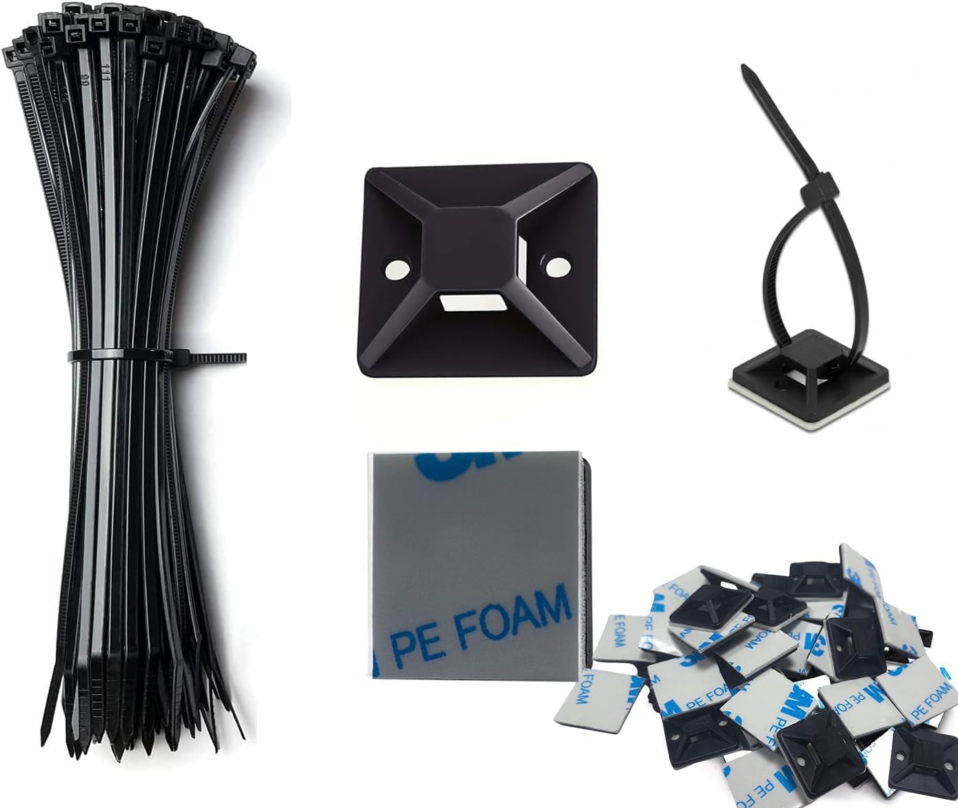 Strong Back-Glue Self Adhesive Cable Zip Tie Mounts Kit - 50 Set Cable Management Clips with 6" Zip Ties, Wire Holders - Outdoor Sticky Wire Organizer Clips-Black (50 Set, Black)