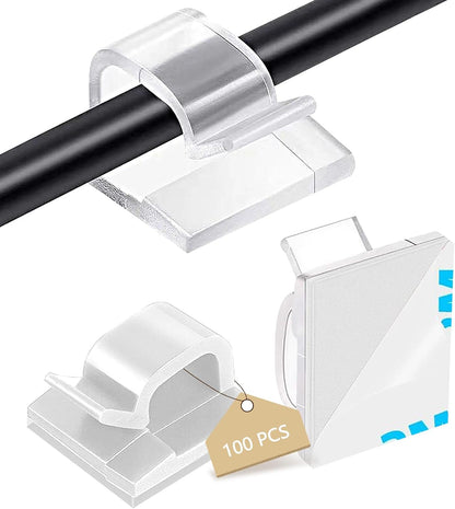 Abnii 100PCS Cable Clips, Adhesive Wire Clips Organizer Cord Clips Management, Cable Staples Outdoor Strong for Wall, Desk, Christmas Lights, String Lights, TV PC Ethernet Cable, Clear Small
