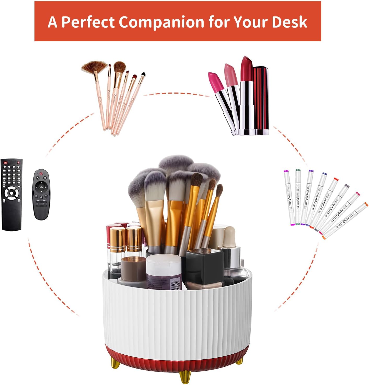 Marbrasse Desk Organizer, 360-Degree Rotating Pen Holder, Desk Organizers and Accessories with 5 Compartments Pencil Holder, Art Supply Storage Box Caddy for Office, Home（White）
