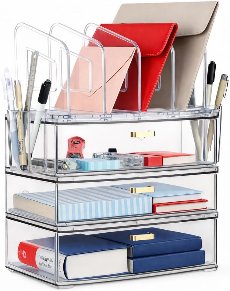 LALOBLUE Acrylic Desk Organizer with Drawer and Vertical File Holder, Desk Organizers and Accessories, Multi-Functional Office Supplies Organizer for Home or Work Desk, White