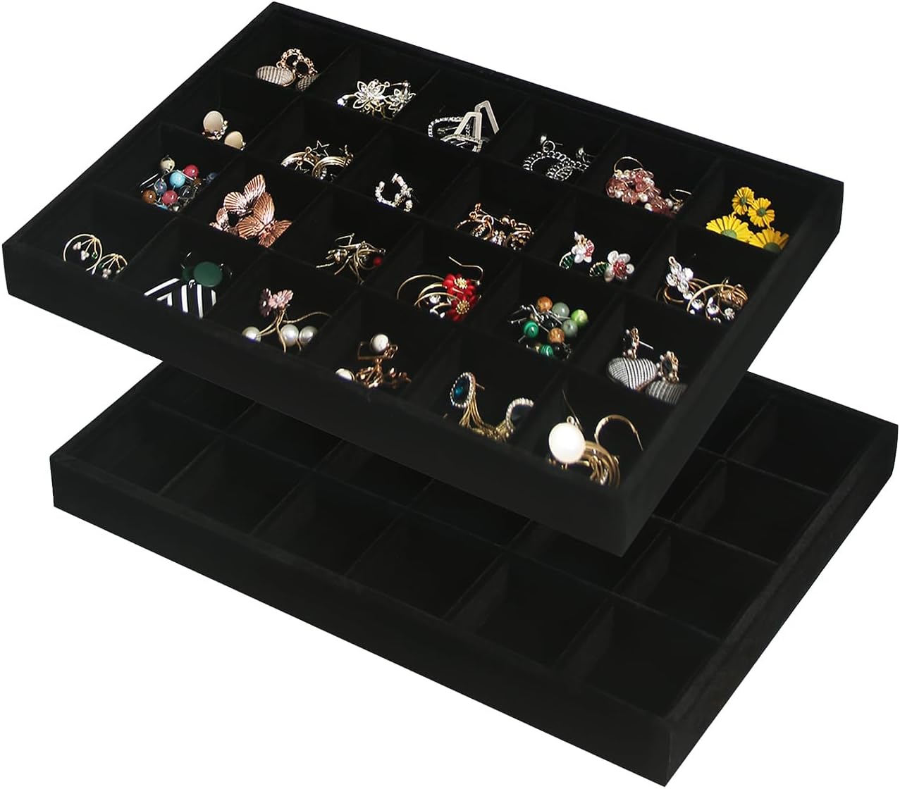 Coward Stackable Jewelry Trays Organizer Set with Clear Lid, Trays for Drawer, Earring Necklace Bracelet Ring Display Organizer (beige(ring+12girds+30girds+The glass lid))