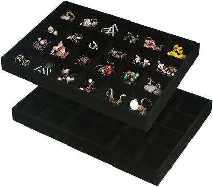 Coward Stackable Jewelry Trays Organizer Set with Clear Lid, Trays for Drawer, Earring Necklace Bracelet Ring Display Organizer (beige(ring+12girds+30girds+The glass lid))
