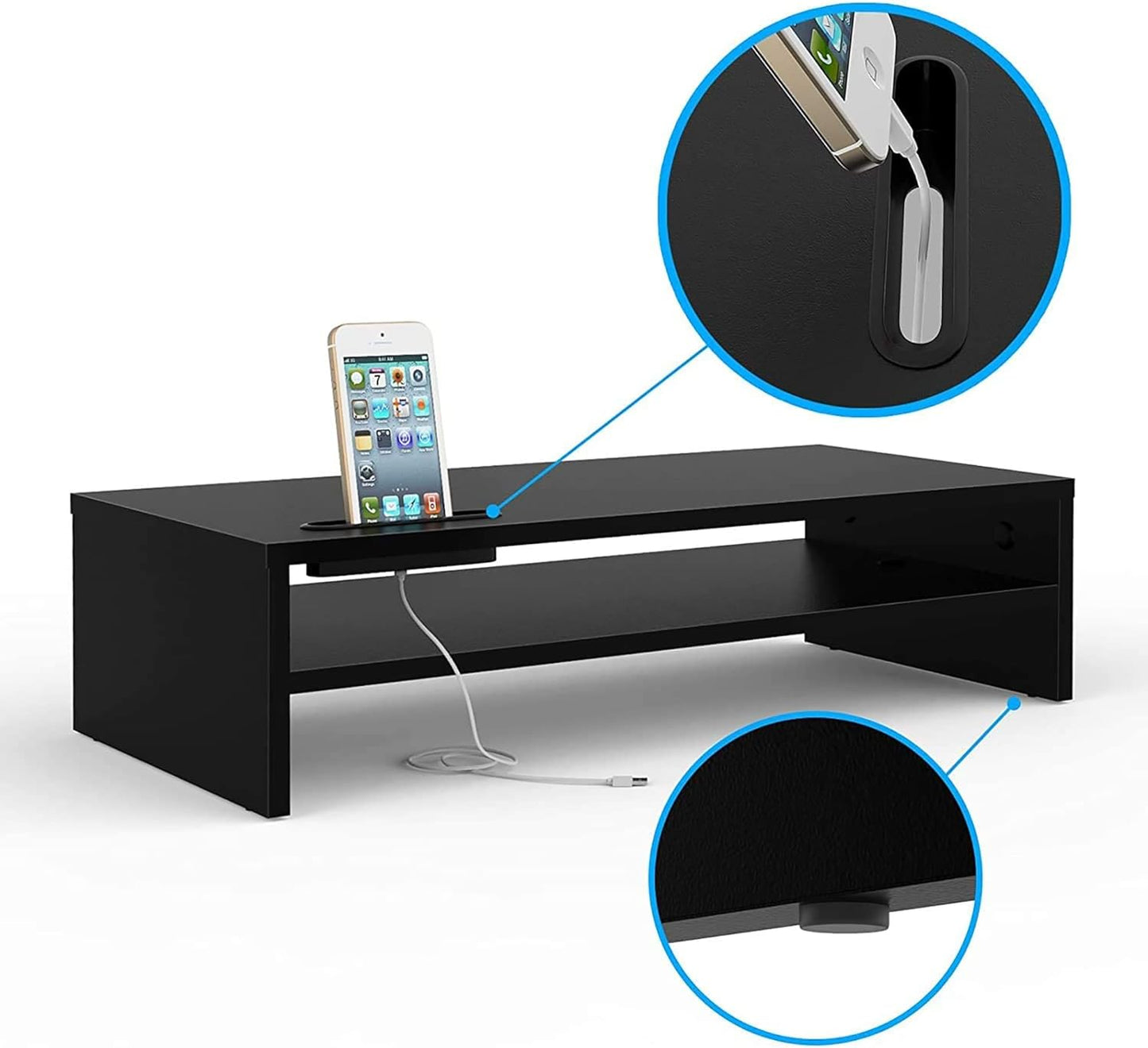 BONTEC Wooden Monitor Stand Riser, 2-Tier Desk Shelf with Storage Organizer, Ergonomic Computer Stand with Cable Management, Cellphone Holder, White, 16.5 Inch