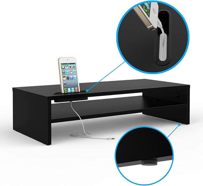 BONTEC Wooden Monitor Stand Riser, 2-Tier Desk Shelf with Storage Organizer, Ergonomic Computer Stand with Cable Management, Cellphone Holder, White, 16.5 Inch