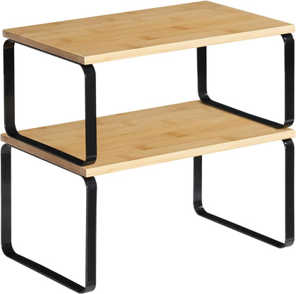 HOOBRO Cabinet Organizer Shelf, Set of 2 Kitchen Counter Shelves, Expandable Kitchen Storage, Stackable Bamboo Spice Rack, for Kitchen, Countertop, Office Desk, Bathroom, Natural and White YW30TL01