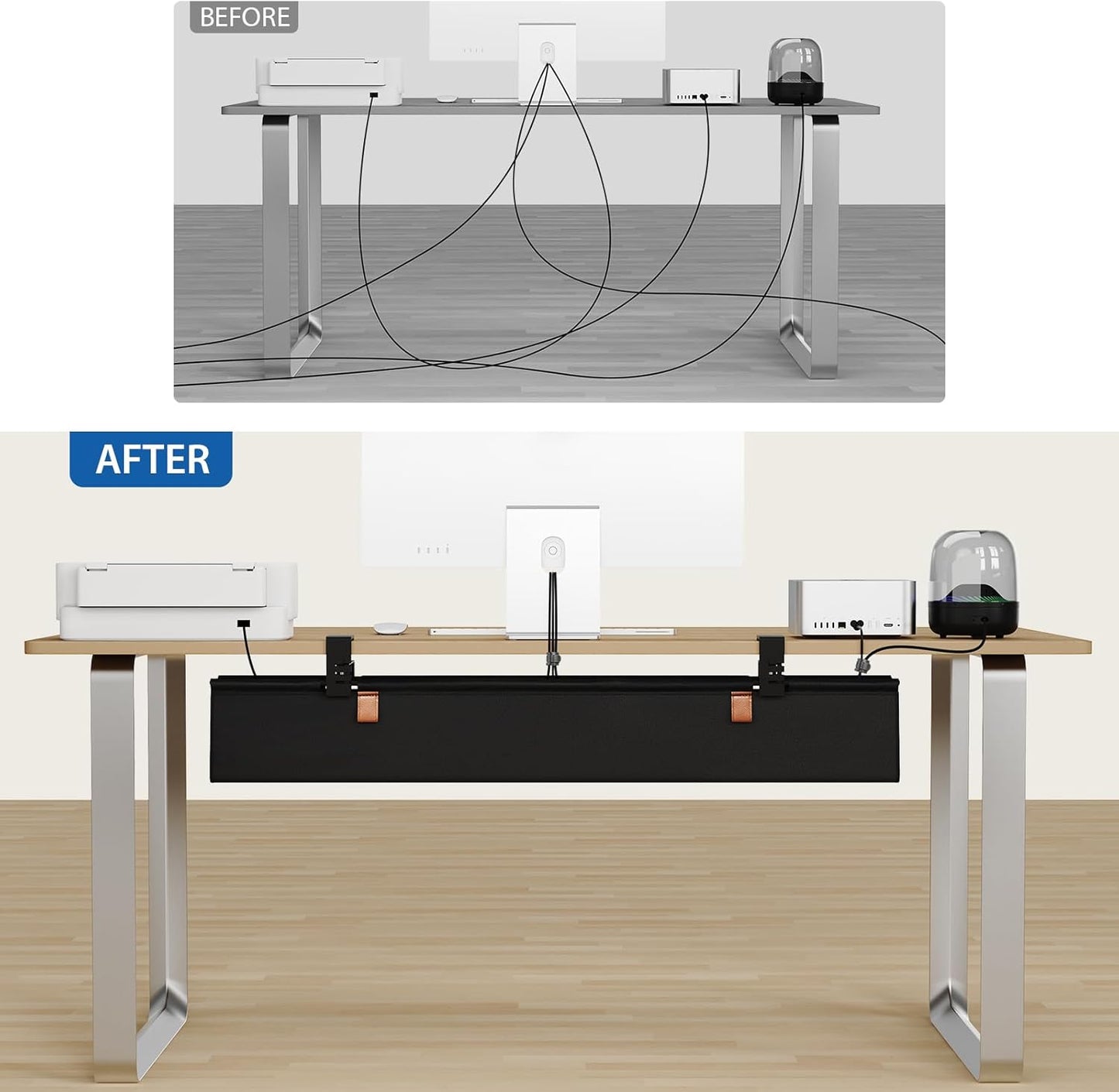 Zilink No Drill Under Desk Cable Management Tray 30" Cord Organizer for Table Clamp/Screw Mount Desk Cable Management Sturdy Waterproof Fabric Cord Hiders for Office, Home