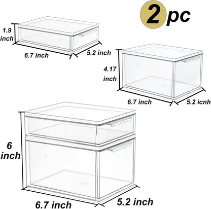 Set of 2 Stackable Storage Drawers - 6.7" Clear Plastic Drawer Storage, Acrylic Makeup Organizer, Desk Counter Cabinet Office Organizer, Bathroom Organizers and Storage (Modern/Set of 2)