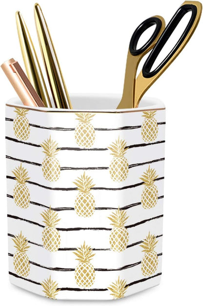 WAVEYU Ceramic Pen Holder for Desk Cute, Pencil Cup Pot Desk Organizer, Makeup Brush Holder for Women, Men, Kids, Desk Marble Decor for Office, Classroom, Home, Gray Golden
