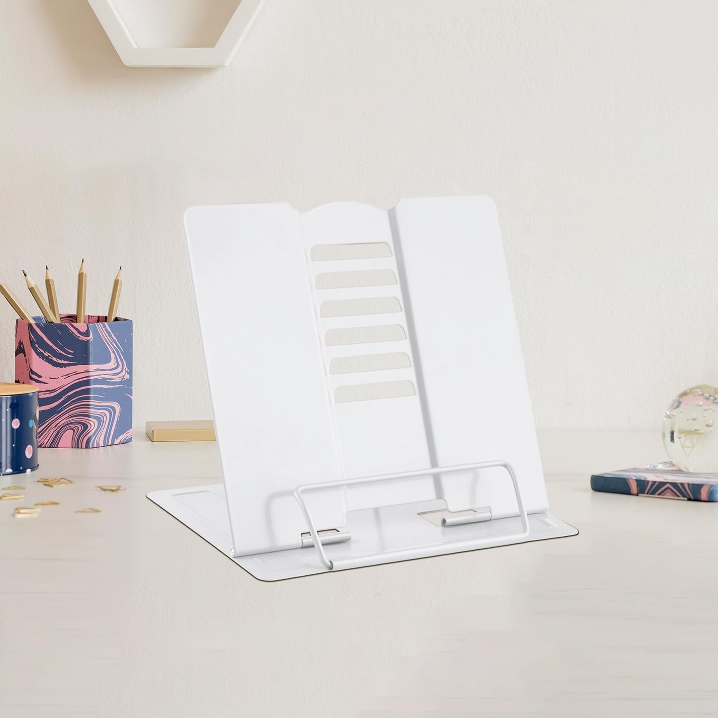 MSDADA Small Desk Book Stand Metal Reading Rest Book Holder Adjustable Cookbook Documents Holder Portable Sturdy Bookstands for Recipes Textbooks Tablet Music Books(White)