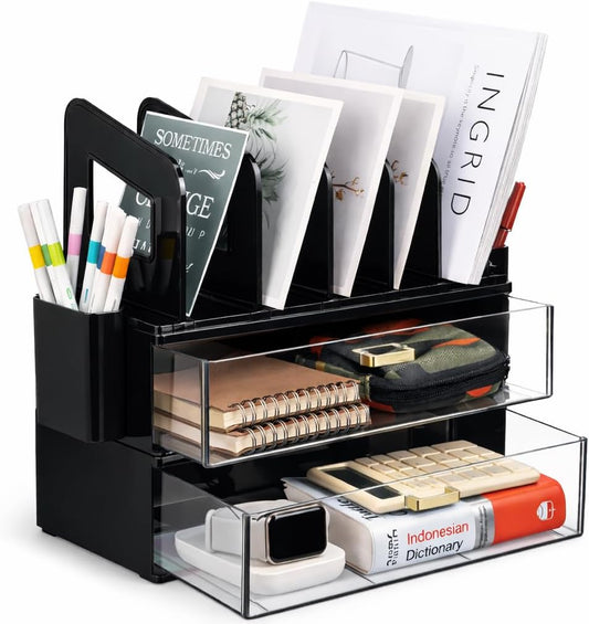 LALOBLUE Acrylic Desk Organizer with Drawer and Vertical File Holder, Desk Organizers and Accessories, Multi-Functional Office Supplies Organizer for Home or Work Desk, White