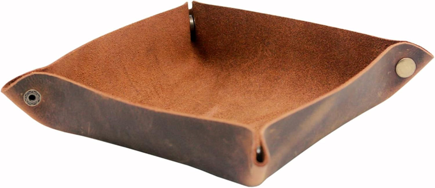 boshiho Valet Tray for Men, Leather Jewelry Catchall Key Phone Coin Box Change Caddy Bedside Storage Box (Crazy Horse Leather - Dark Brown)