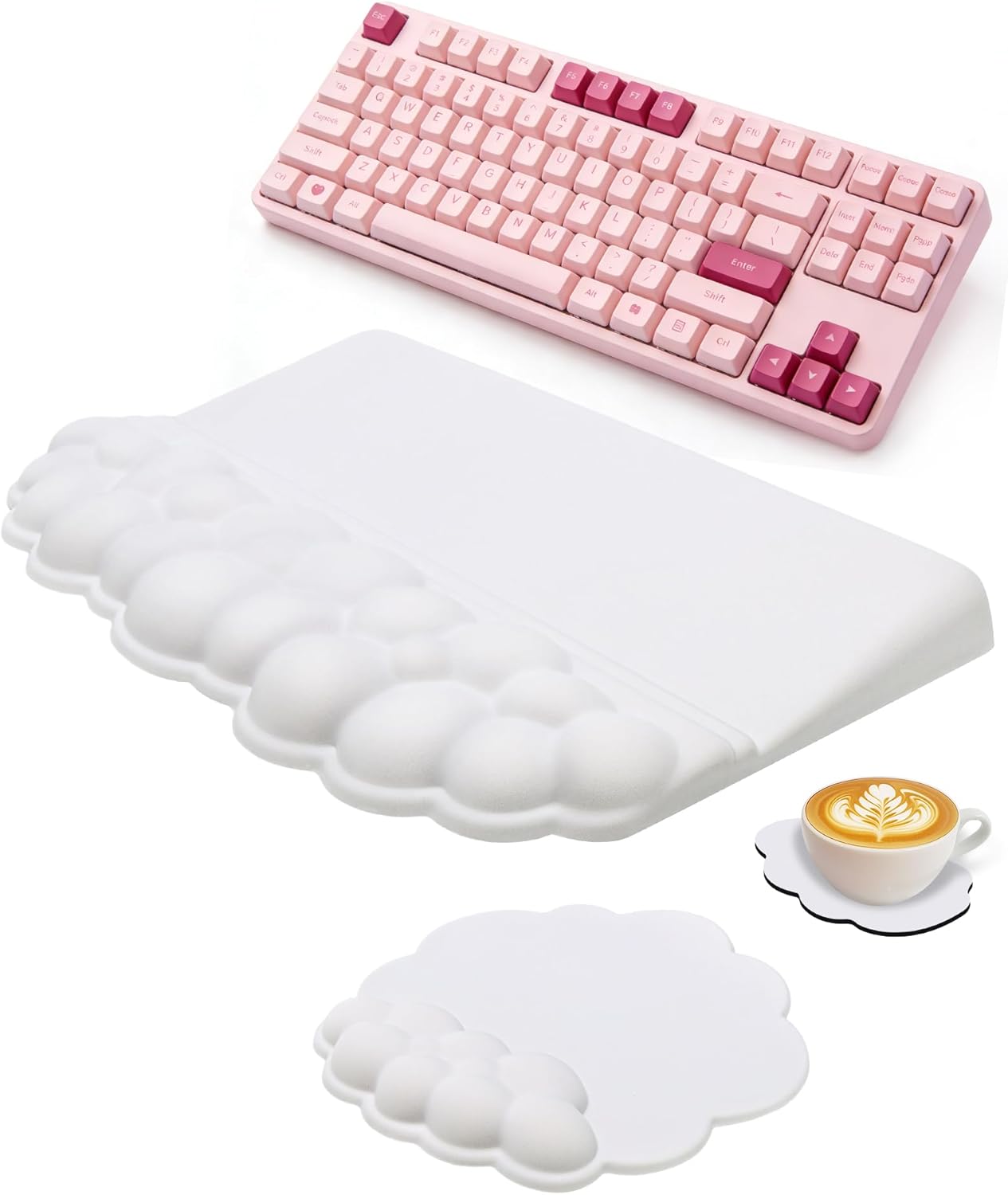 Cloud Wrist Rest Set for Keyboard and Mouse, Ergonomic Memory Foam Wrist Support & Adjustable Keyboard Stand with Two Typing Angles, Silky Lycra Surface, Non-Slip Base (White)