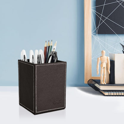 Leather Pen Holder, Brown Pencil Holder, Desktop Elegant Pen Holder for Desk, Stationery Organizer for School Office Home Dorm (3.3" x 3.3" x 4", Brown)