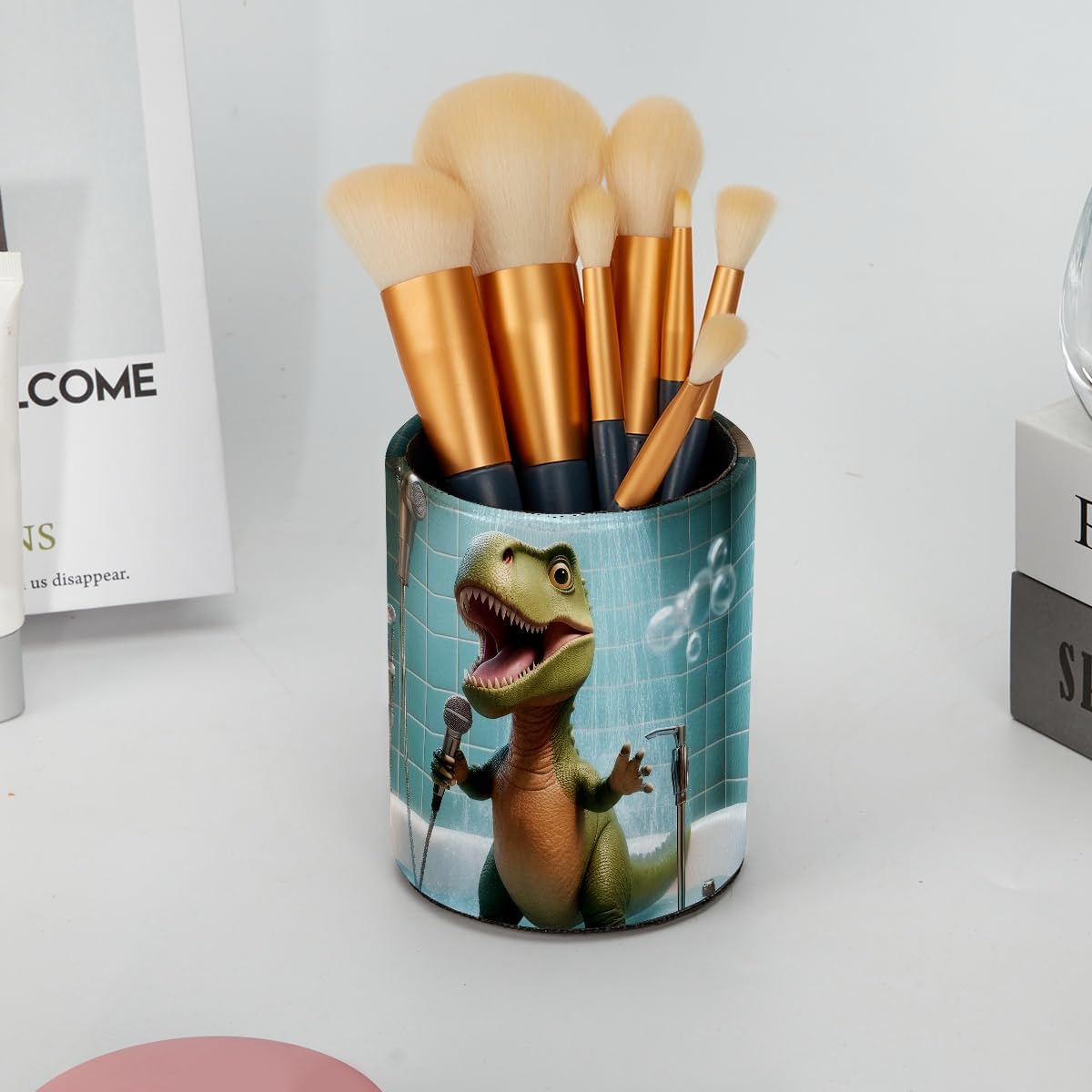 Leather Pen Holder for Desk, Love Cherry Pencil Organizer Pencil Cup Desk Decor Makeup Brush Holder Multifunctional Office Supplies for Home,Office, School