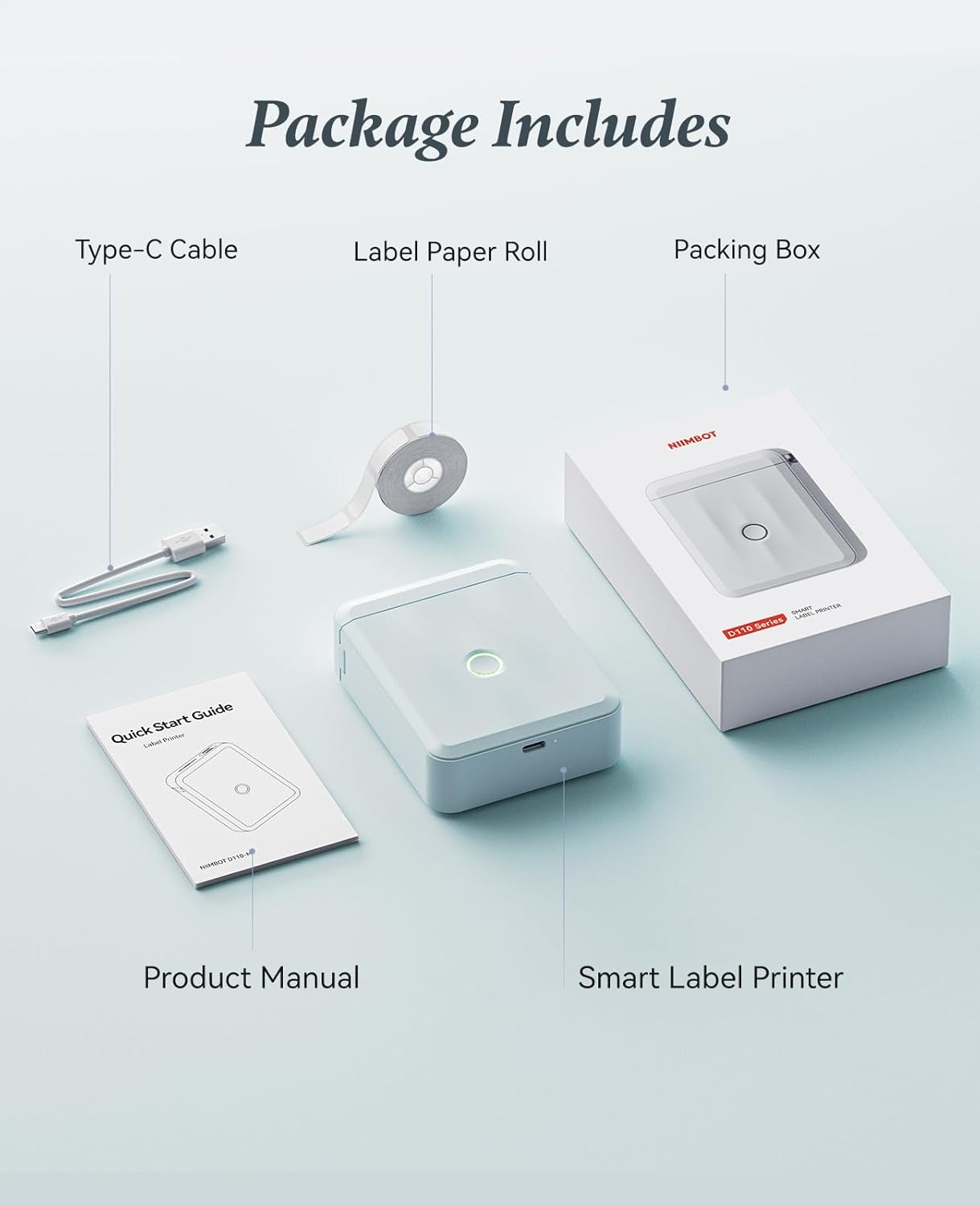 NIIMBOT Label Maker Machine Bluetooth Label Printer for School Home Office Organization, Wireless Mini Labeler D110 Upgraded Version, Label Machine with 1 Label Tape, White