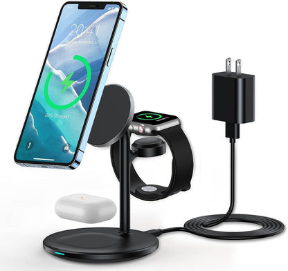 XooFly 3 in 1 Wireless Charging Station for Apple Devices, Fast Wireless Mag-Safe Charger Stand with 20W Adapter for iPhone 17 16 15 14 13 12 Pro Max/Air/Plus/Pro,iWatch,AirPods-Gift for Wife&Husband