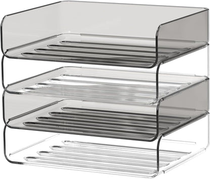 FANXIYQ 4-Tier Acrylic Paper Tray Organizer - Low-Profile Desk File Sorter for Office/Home, Clear Stackable Letter Tray for Bills, Crafts, Notebooks