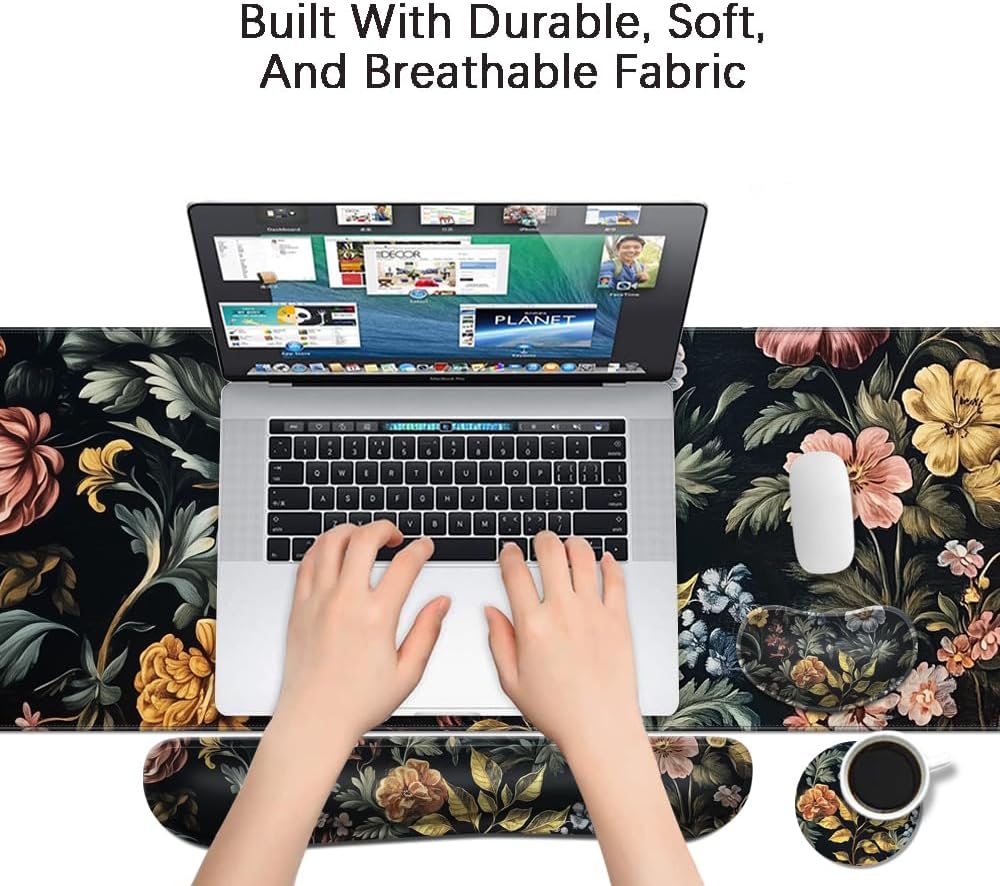 MIBITRI Keyboard Mouse Pad Set, Extended Gaming Mouse Pad+Ergonomics Keyboard Wrist Rest Support, Memory Foam, Easy Typing Pain Relief, 4Pcs XXL Ultra Thick Desk Mat, Enchanted Bookshelf