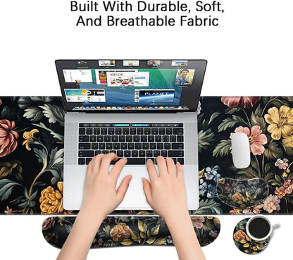 MIBITRI Keyboard Mouse Pad Set, Extended Gaming Mouse Pad+Ergonomics Keyboard Wrist Rest Support, Memory Foam, Easy Typing Pain Relief, 4Pcs XXL Ultra Thick Desk Mat, Enchanted Bookshelf