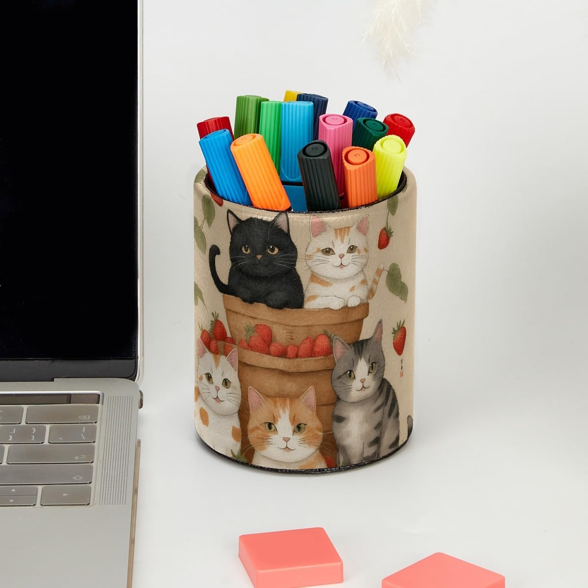 Leather Pen Holder for Desk, Love Cherry Pencil Organizer Pencil Cup Desk Decor Makeup Brush Holder Multifunctional Office Supplies for Home,Office, School