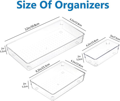 Kutesna 3 Pcs Large Clear Drawer Organizer Set, 15" X 6" Desk Drawer Organizers Trays with Non-Slip Silicone Pads, Storage Bins for Makeup, Office, Kitchen Gadgets Utensils, Bedroom, Tools, Bathroom