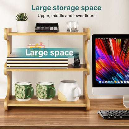 BFTOU Bamboo Desk Organizer Multifunctional 3 Tier Office Table Shelf Bookshelf Supplies Storage Rack for Kitchen Living Room