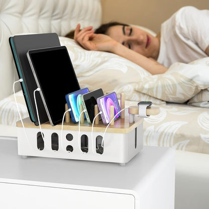 Metal Charging Station for Multiple Devices,New Upgrade Wood Charging Station for Phone Tablet Smart Watch Holder Desk Organizers，Matte Black Dock Device Organizer