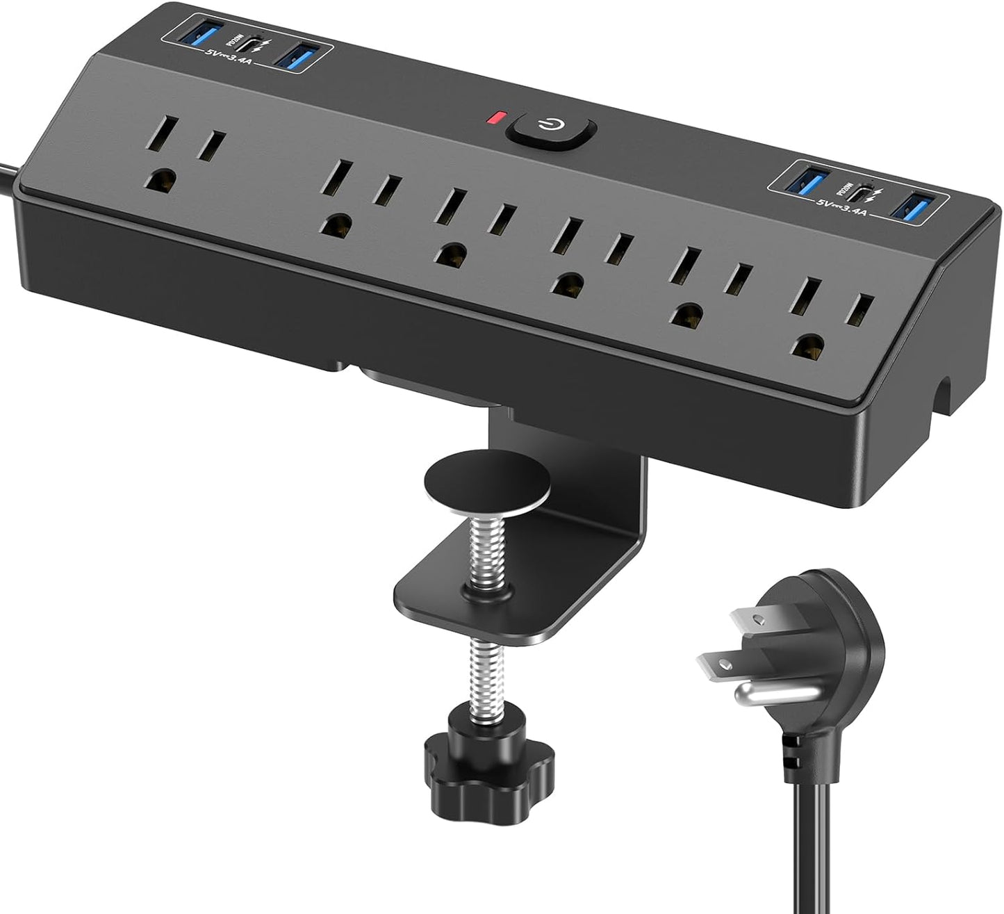 Desk Clamp Power Strip with 40W Fast Charging Station, JXGUCAT 10FT Flat Plug Desk Mount Power Strip Surge Protector, Removable Extension Cord with 2 USB-C Ports 6 Outlets, Fits 1.8" Tabletop Edge
