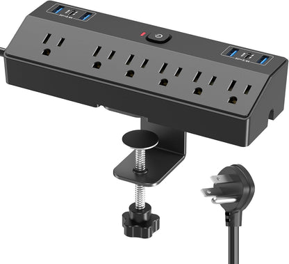 Desk Clamp Power Strip with 40W Fast Charging Station, JXGUCAT 10FT Flat Plug Desk Mount Power Strip Surge Protector, Removable Extension Cord with 2 USB-C Ports 6 Outlets, Fits 1.8" Tabletop Edge