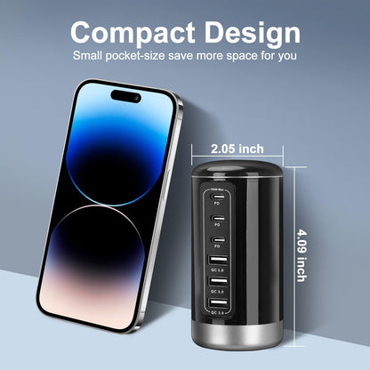 Universal USB Tower Fast Charging Station 6-Port 150W - Compact, Space-Saving Design with Multiple USB-C Ports for All Series iPhone Galaxy Note Pixel iPad Multiple Devices