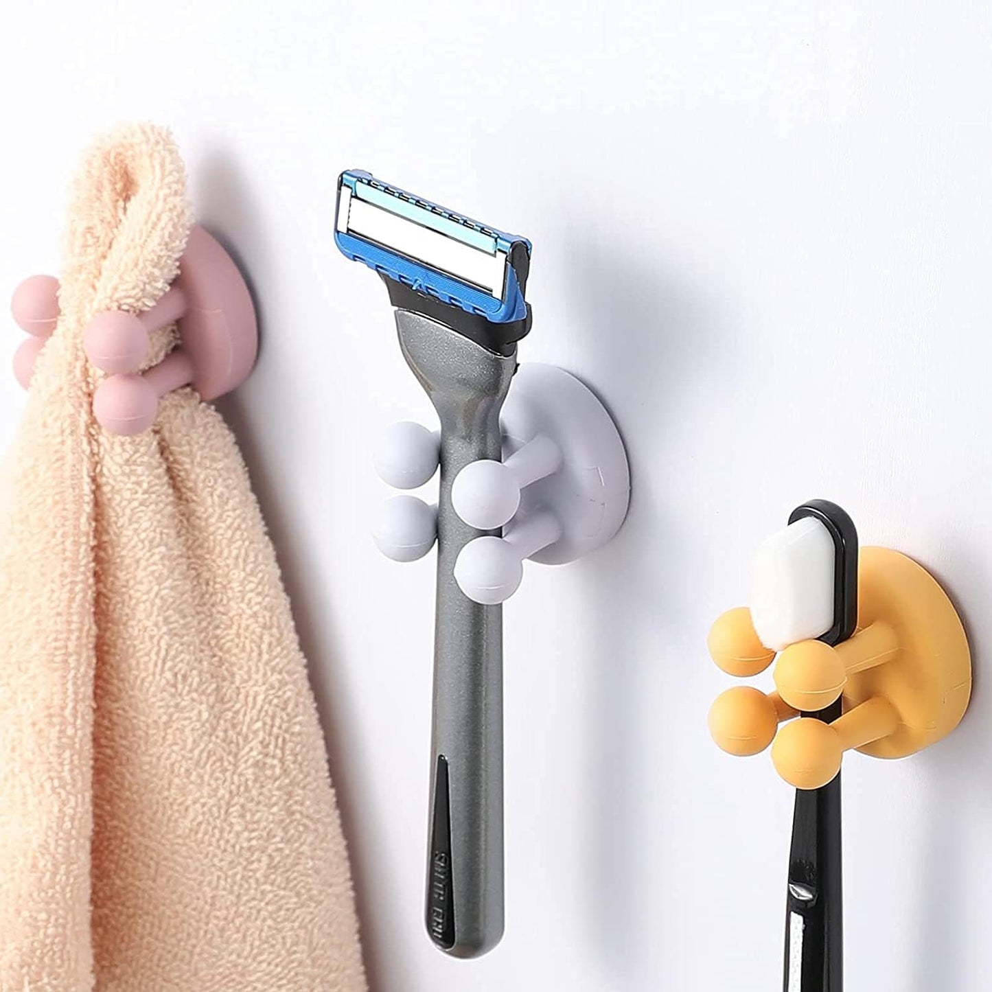 Silicone Toothbrush Holders - 4 Pcs Razor Hooks Adhesive Wall Mounted for Hanging Towel Key Plug Cable, Utility Decor Stick to Dorm Room Essentials Function for Kitchen Bathroom Home Office