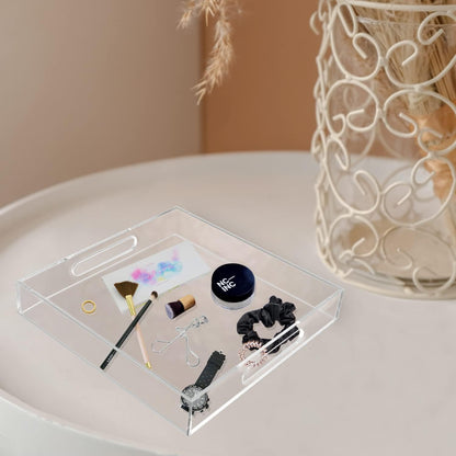 12"x16" Acrylic Serving Tray with Handles, Spill Proof Clear Decorative Tray, Lucite Tray for Coffee Table, Vanity, Makeup Organizer