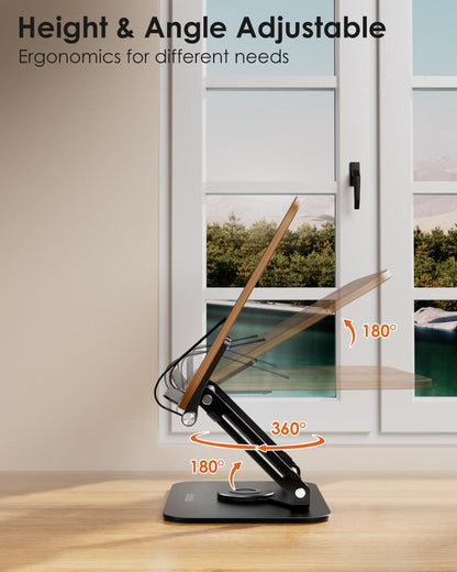 Book Stand for Reading, Aboutool Adjustable Book Holder with 360° Swivel Base & Page Clips, Foldable Cookbook Stand Textbook Stand for Music Scores, Recipe, Tablet, Laptop, Textbook