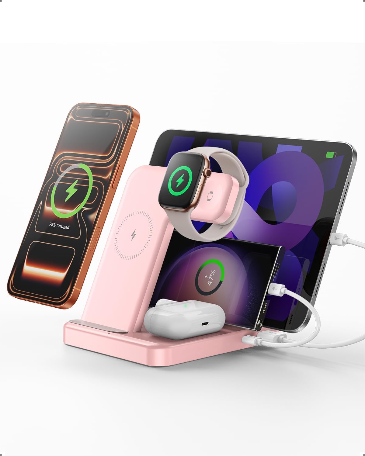 Multiple Devices Charging Station, 5-in-1 Charging Station for iPhone 17 Pro Max/Pro/16/15/14/13/12, iPad Pro/Air/Mini, Apple Watch and Airpods,Wireless Charging Dock(G805) (Black)