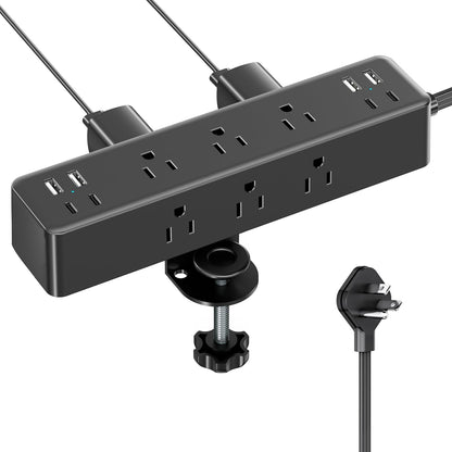 Flat Plug Desk Clamp Power Strip 10FT, 40W Total Fast Charging Station, Dual PD 20W USB C Ports, Desk Edge Mount Power Strip 9 AC Outlets 8 USB Ports(4 USB C) Surge Protector, Fit 1.7" Tabletop Edge