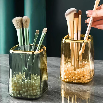 Acrylic Pen Holder, Cute Clear Green Desk Organizer for Pencils, Makeup Brushes Toothbrushes Storage Cup with Striped Design for Vanity Bathroom
