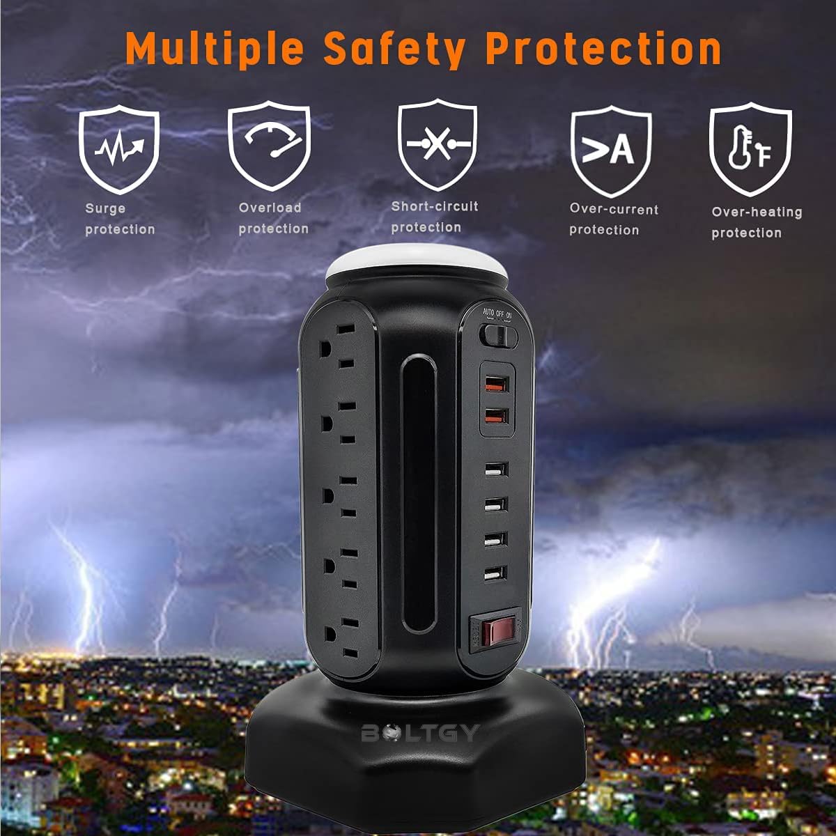 Flat Plug Total Fast Charging Station, Protector with 15 AC Outlets and 6 USB Ports (2 Fast Charge), Tower Surge Protector Power Strip, 6.5FT Extension Cord for Home Office Dorm Room.