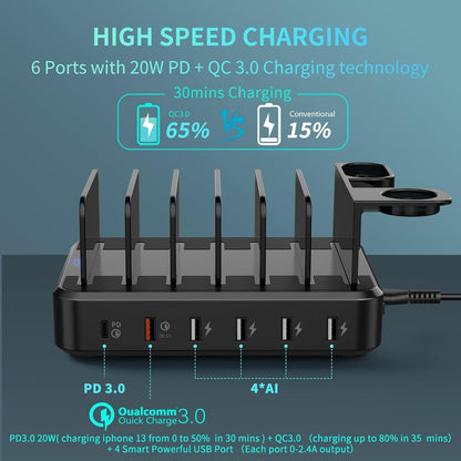 Charging Station for Multiple Devices,60W 6 Port Charger Station with 7 Mixed Charging Cables,USB Charging Dock,Compatible with Cellphone,Tablet, Kindle, iPhone iPad and More (White)