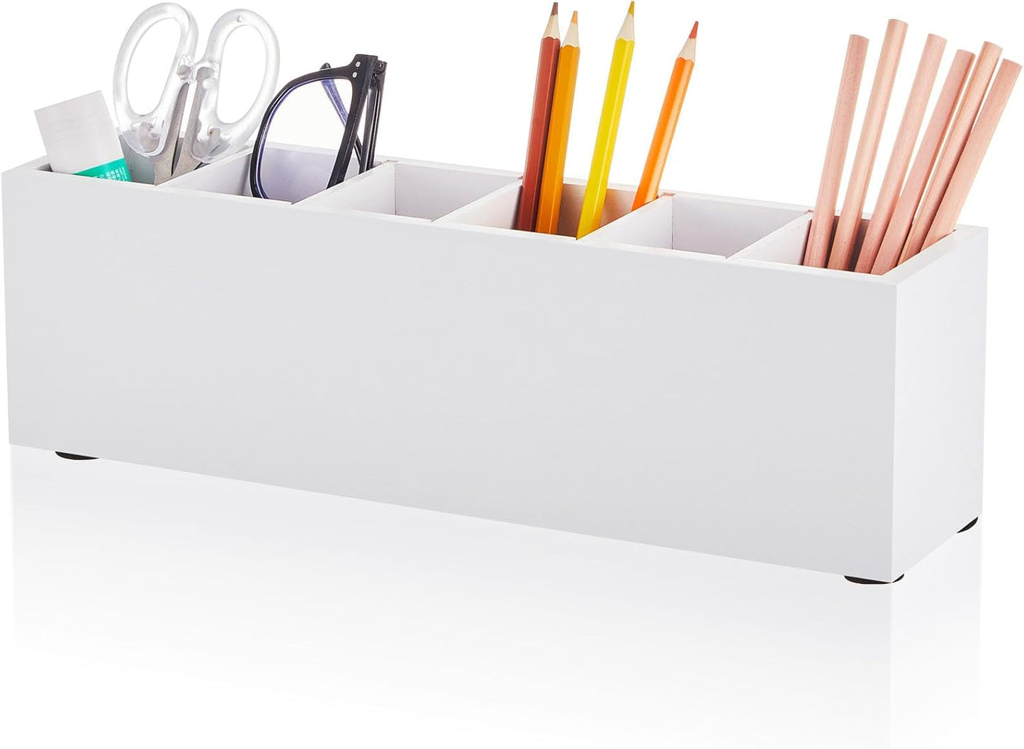 Jetec Wooden Pencil Holder 5 Compartments for Desk Adjustable Pen Holder Wood Office Desk Organizers and Accessories Makeup Brush Organizer for Pen, Home, Office and Art Supplies (White)