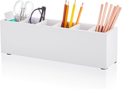 Jetec Wooden Pencil Holder 5 Compartments for Desk Adjustable Pen Holder Wood Office Desk Organizers and Accessories Makeup Brush Organizer for Pen, Home, Office and Art Supplies (White)